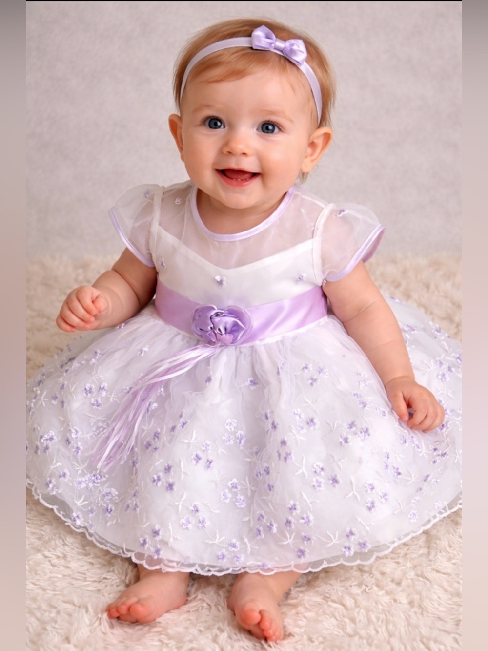 Elegant White and Lilac Baby Girl Formal Dress with Satin Sash